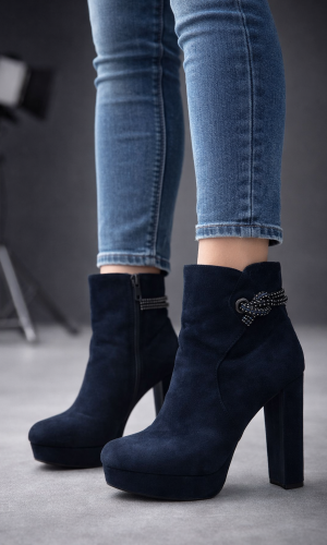 بوط كاحل شامواه كحلي بكعب عالي وزينة جانبية 6323 - كحلي