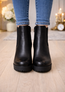 حذاء بوت كاحل نسائي جلد بكعب عريض ونعل سميك 6324 - اسود