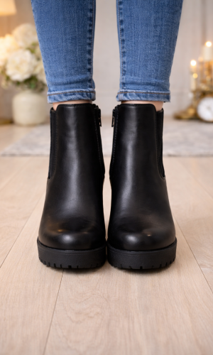 حذاء بوت كاحل نسائي جلد بكعب عريض ونعل سميك 6324 - اسود