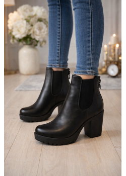 Women's Leather Ankle Boots with Block Heel and Platform 6324 - black