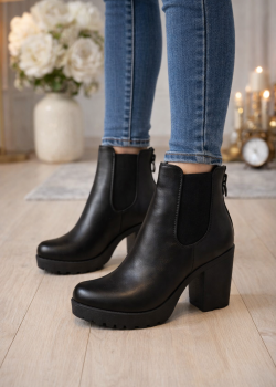 حذاء بوت كاحل نسائي جلد بكعب عريض ونعل سميك 6324 - اسود