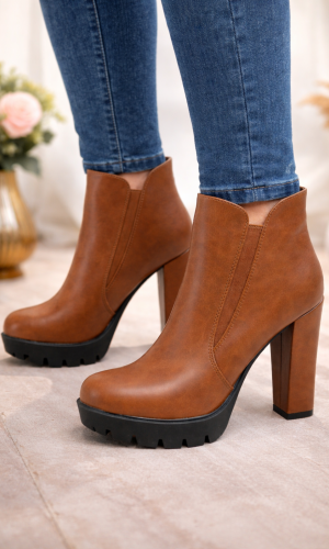 حذاء بوت كاحل نسائي بكعب عريض ونعل سميك 6325 - عسلي