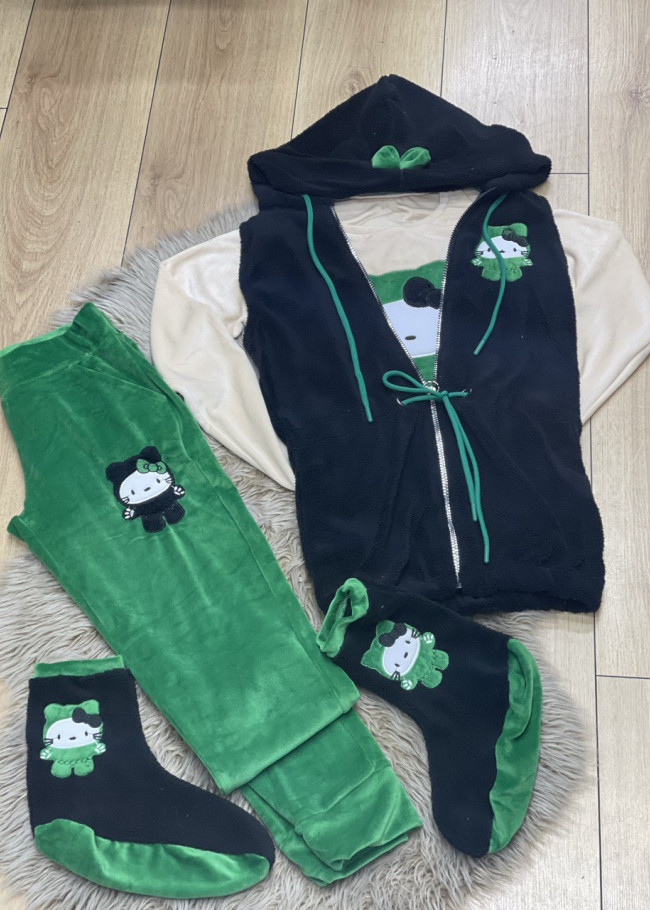 4-PIECE VELVET SUIT WOMEN'S TRACKSUIT - VEST - T-SHIRT - TROUSERS - SOCKS 1085 Yeşil