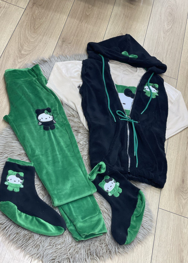 4-PIECE VELVET SUIT WOMEN'S TRACKSUIT - VEST - T-SHIRT - TROUSERS - SOCKS 1085 Yeşil