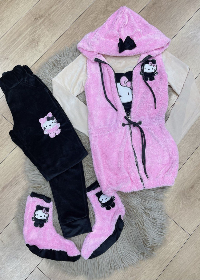 بيجاما نسائية مخمل 4 قطع 1085 Pembe