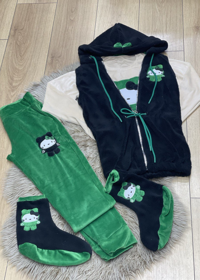 4-PIECE VELVET SUIT WOMEN'S TRACKSUIT - VEST - T-SHIRT - TROUSERS - SOCKS 1085 Yeşil