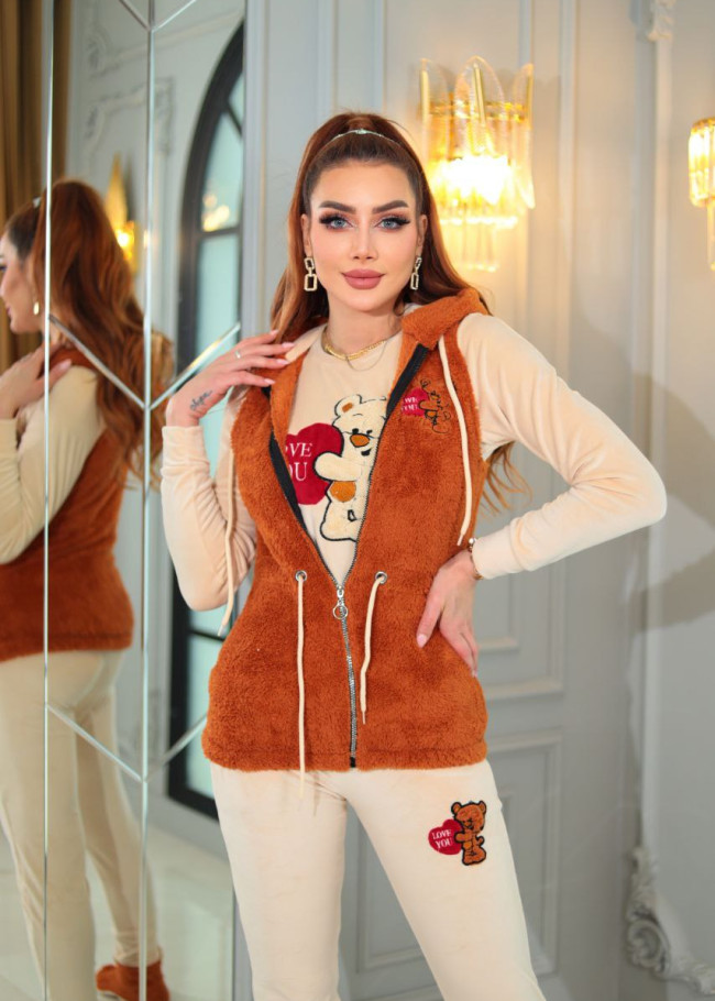 4-PIECE VELVET SUIT LOVE YOU EMBROIDERED WOMEN'S TRACKSUIT - VEST - T-SHIRTS - TROUSERS - SOCKS 1086 taba