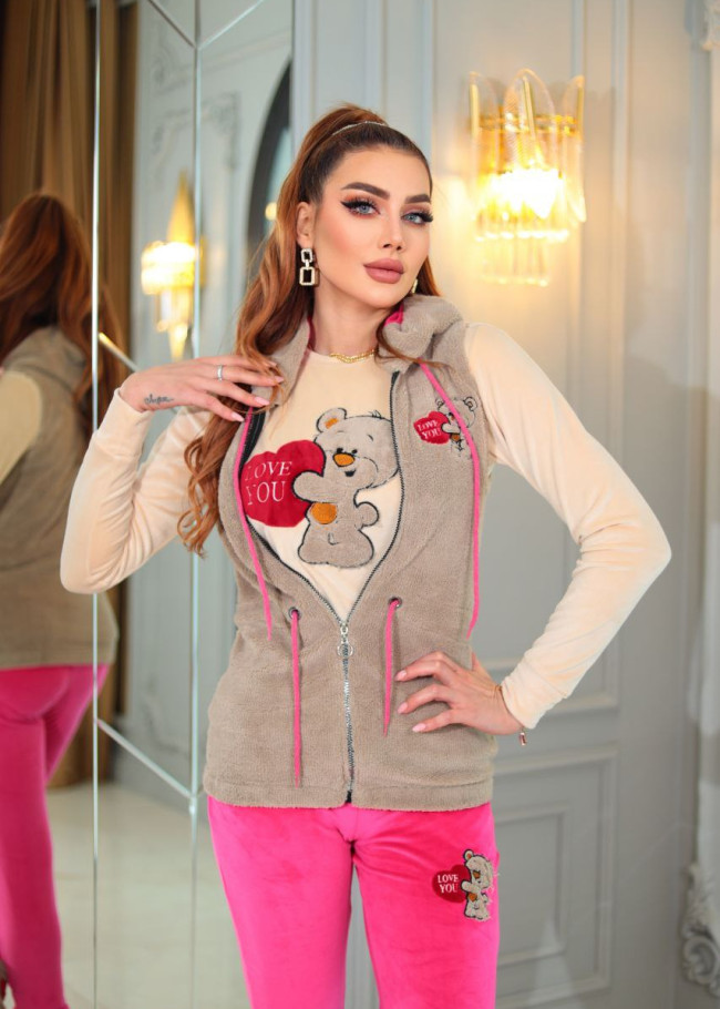 4-PIECE VELVET SUIT LOVE YOU EMBROIDERED WOMEN'S TRACKSUIT - VEST - T-SHIRTS - TROUSERS - SOCKS 1086 Açık kahverengi