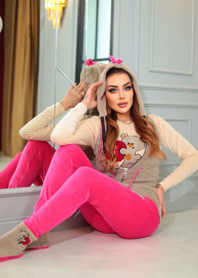 4-PIECE VELVET SUIT LOVE YOU EMBROIDERED WOMEN'S TRACKSUIT - VEST - T-SHIRTS - TROUSERS - SOCKS 1086 Açık kahverengi