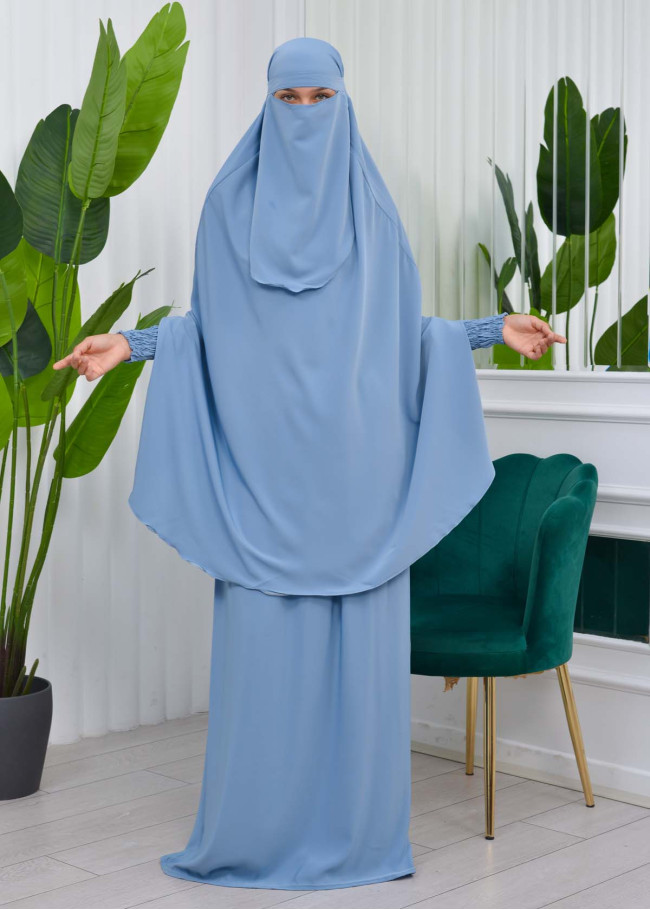 Muslim Dresses For Women ,Abayas Prayer Islamic Clothes Long dress Hijab Bonnet 2Pieces Sleeve Hijab Sheet 822 Bebe Mavi