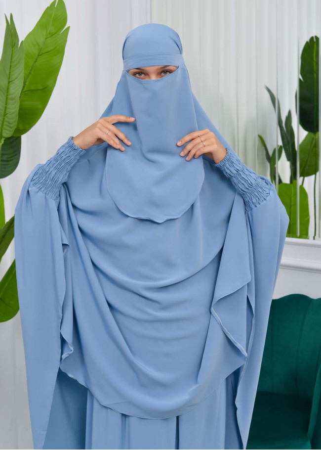 Muslim Dresses For Women ,Abayas Prayer Islamic Clothes Long dress Hijab Bonnet 2Pieces Sleeve Hijab Sheet 822 Bebe Mavi