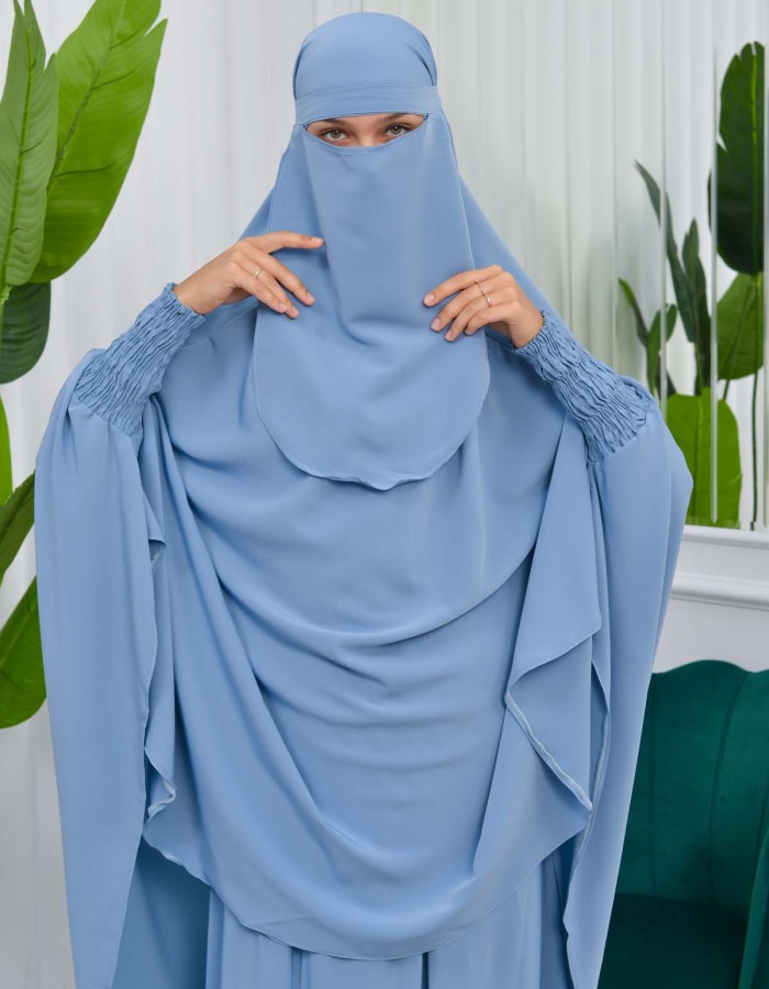 سدال شرعي قطعتين قماش المدينة بكبيشون مدمج وأكمام زم (شرشف , جلباب شرعي) 822 Bebe Mavi