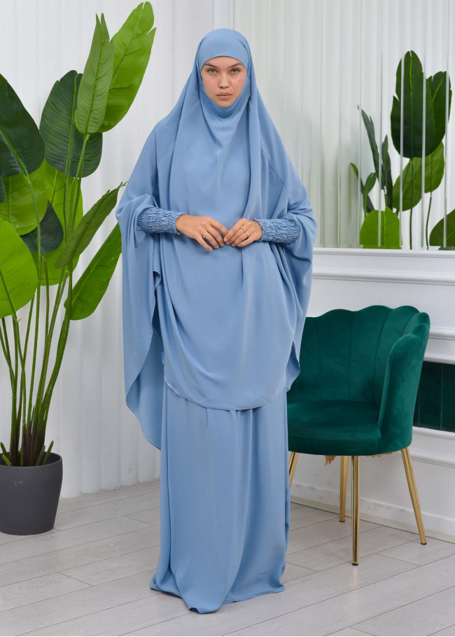 Muslim Dresses For Women ,Abayas Prayer Islamic Clothes Long dress Hijab Bonnet 2Pieces Sleeve Hijab Sheet 822 Bebe Mavi
