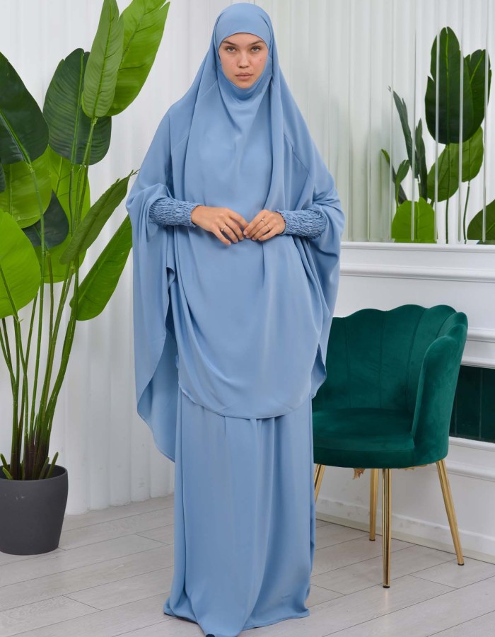 سدال شرعي قطعتين قماش المدينة بكبيشون مدمج وأكمام زم (شرشف , جلباب شرعي) 822 Bebe Mavi