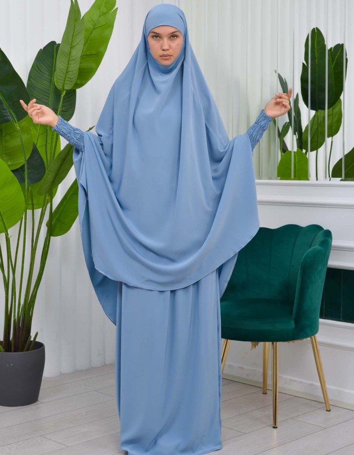 سدال شرعي قطعتين قماش المدينة بكبيشون مدمج وأكمام زم (شرشف , جلباب شرعي) 822 Bebe Mavi
