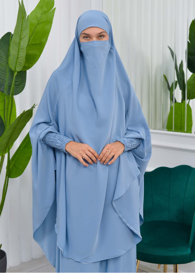 Muslim Dresses For Women ,Abayas Prayer Islamic Clothes Long dress Hijab Bonnet 2Pieces Sleeve Hijab Sheet 822 Bebe Mavi
