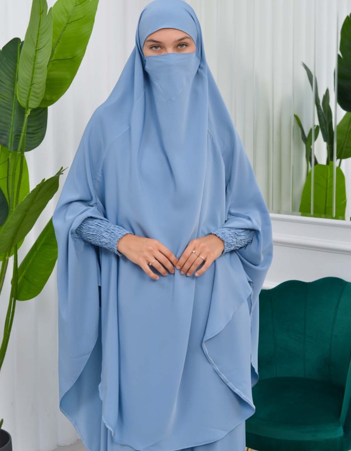 سدال شرعي قطعتين قماش المدينة بكبيشون مدمج وأكمام زم (شرشف , جلباب شرعي) 822 Bebe Mavi