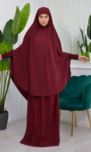 سدال شرعي قطعتين قماش المدينة بكبيشون مدمج وأكمام زم (شرشف , جلباب شرعي) 822 - خمري