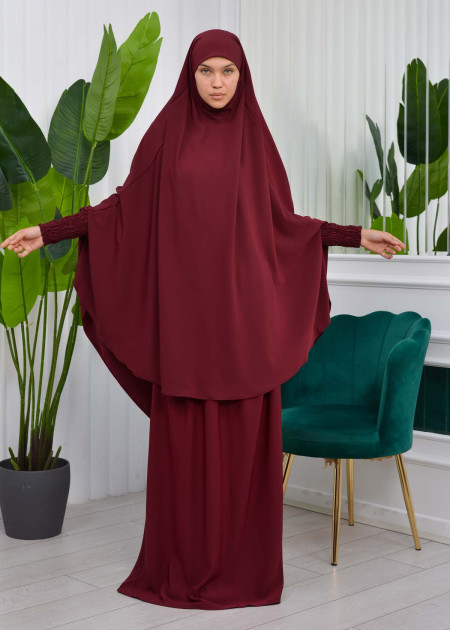 Two-Piece Isdal Set with Smocked Sleeves 822 - burgundy - HIJAB CLOTHING -  Moda Mix | Moda Mix