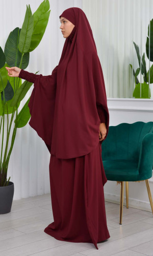 سدال شرعي قطعتين قماش المدينة بكبيشون مدمج وأكمام زم (شرشف , جلباب شرعي) 822 - خمري