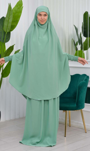 سدال شرعي قطعتين قماش المدينة بكبيشون مدمج وأكمام زم (شرشف , جلباب شرعي) 822 - مينت