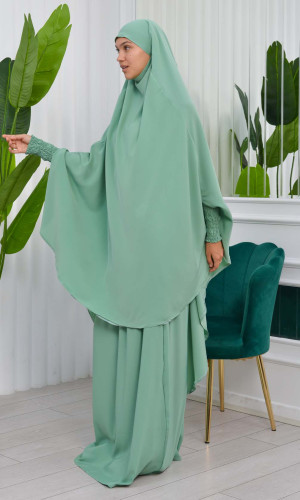 سدال شرعي قطعتين قماش المدينة بكبيشون مدمج وأكمام زم (شرشف , جلباب شرعي) 822 - مينت