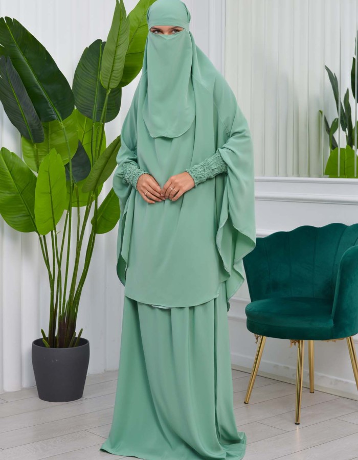 سدال شرعي قطعتين قماش المدينة بكبيشون مدمج وأكمام زم (شرشف , جلباب شرعي) 822 Mint