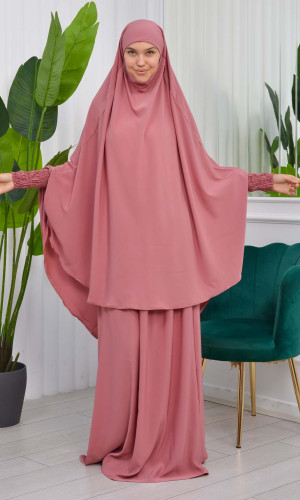 سدال شرعي قطعتين قماش المدينة بكبيشون مدمج وأكمام زم (شرشف , جلباب شرعي) 822 - وردي