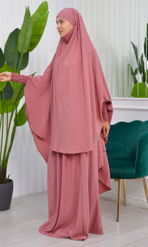 سدال شرعي قطعتين قماش المدينة بكبيشون مدمج وأكمام زم (شرشف , جلباب شرعي) 822 - وردي