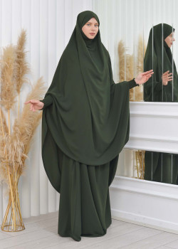 سدال شرعي قطعتين قماش المدينة بكبيشون مدمج وأكمام زم (شرشف , جلباب شرعي) 822 - زيتي