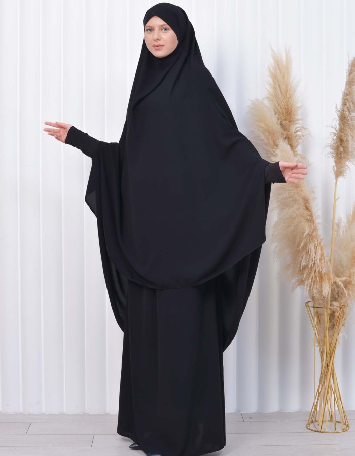 سدال شرعي قطعتين قماش المدينة أكمام ليكرا (شرشف , جلباب شرعي) 822 Siyah