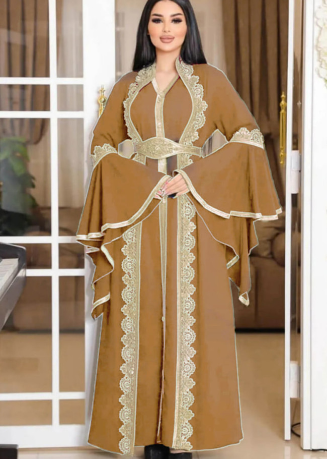 Altın işlemli  kaftan Abiye Elbise 4114 - taba