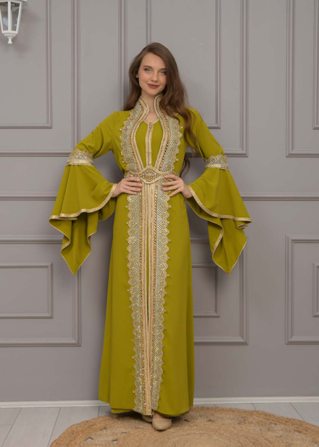 Altın işlemli  kaftan Abiye Elbise 4117 - kivi