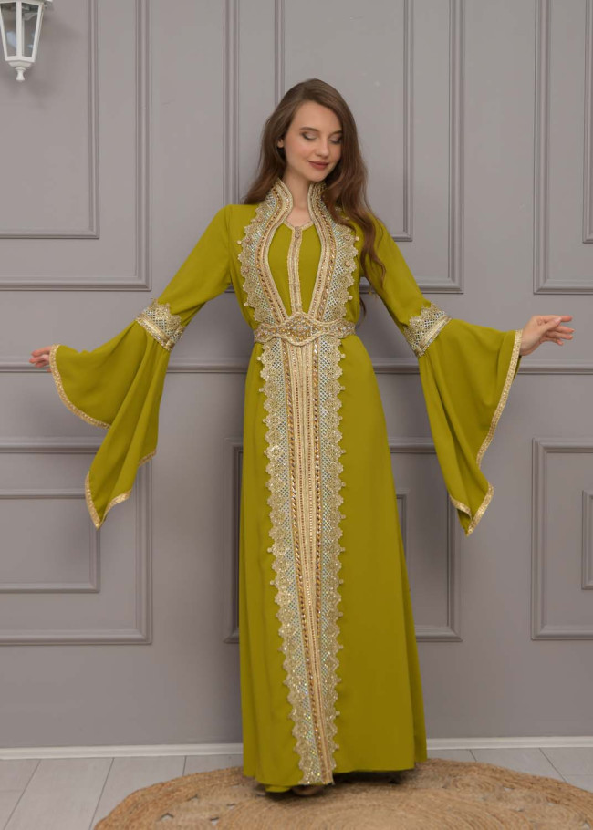 Altın işlemli  kaftan Abiye Elbise 4117 - kivi