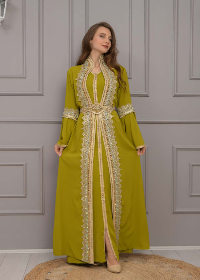 Altın işlemli  kaftan Abiye Elbise 4117 - kivi