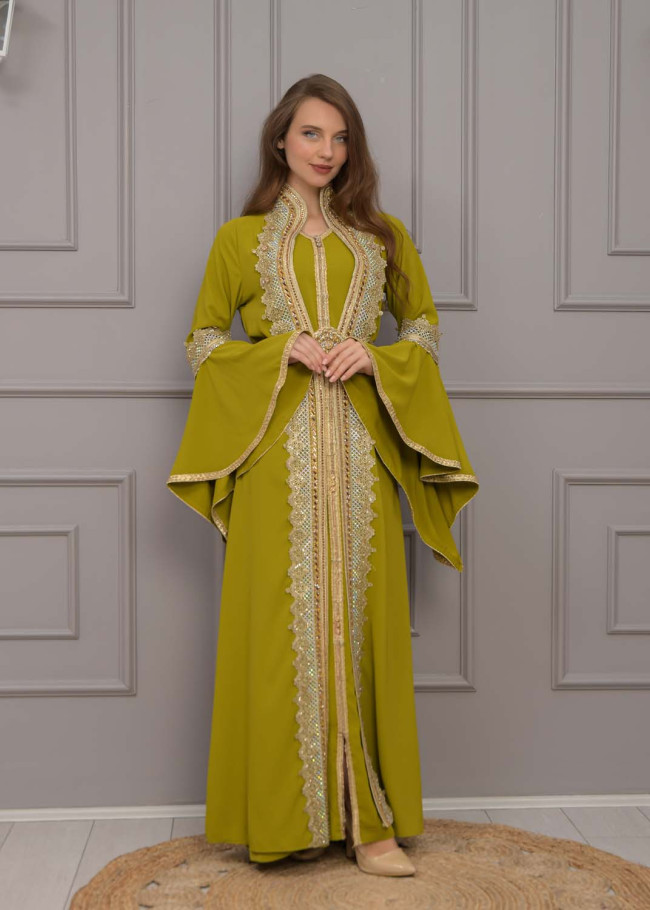 Altın işlemli  kaftan Abiye Elbise 4117 - kivi