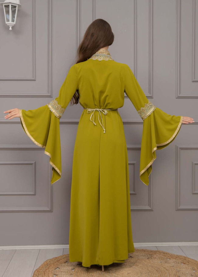 Altın işlemli  kaftan Abiye Elbise 4117 - kivi