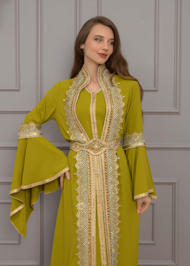 Altın işlemli  kaftan Abiye Elbise 4117 - kivi