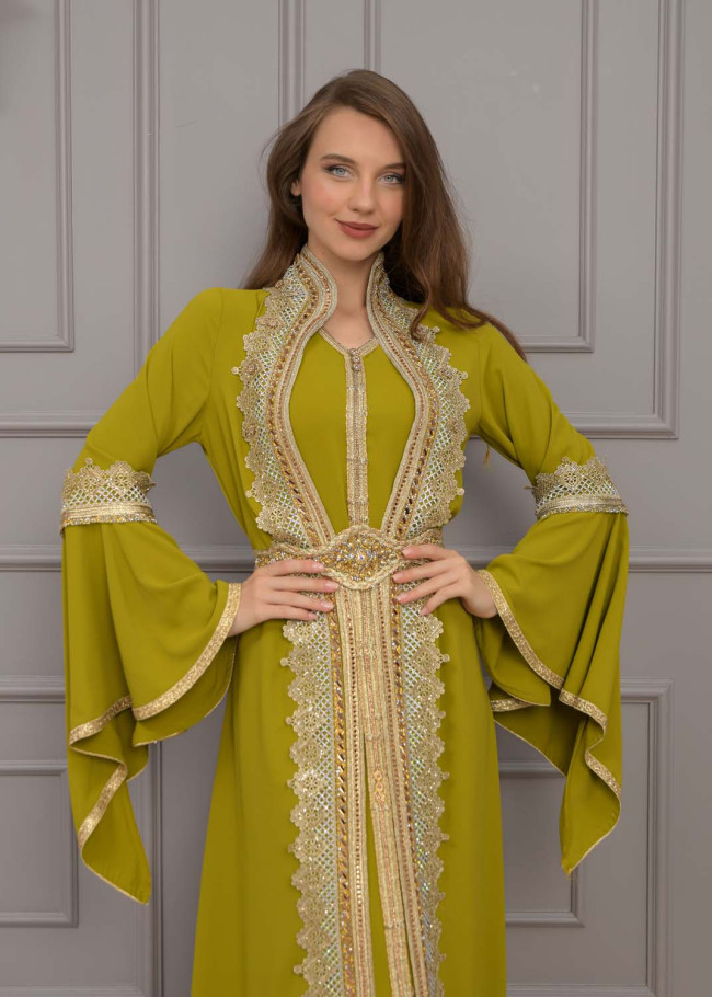 Altın işlemli  kaftan Abiye Elbise 4117 - kivi