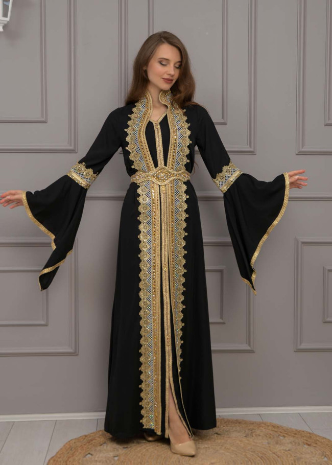 قفطان مغربي قطعتين كلفة ذهبي 4117 - اسود