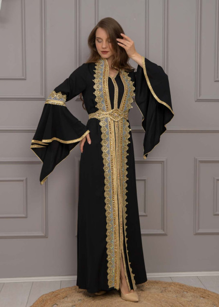 Gold-embroidered kaftan Abiye 4117 - black - OUTER WEAR - Moda Mix | Moda  Mix