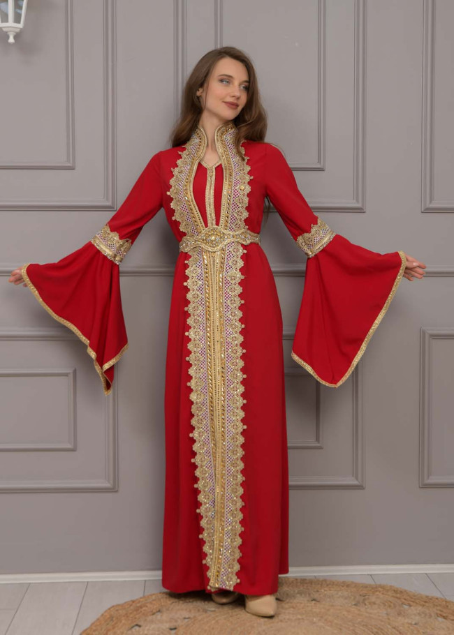 Altın işlemli  kaftan Abiye Elbise 4117 - Bordo