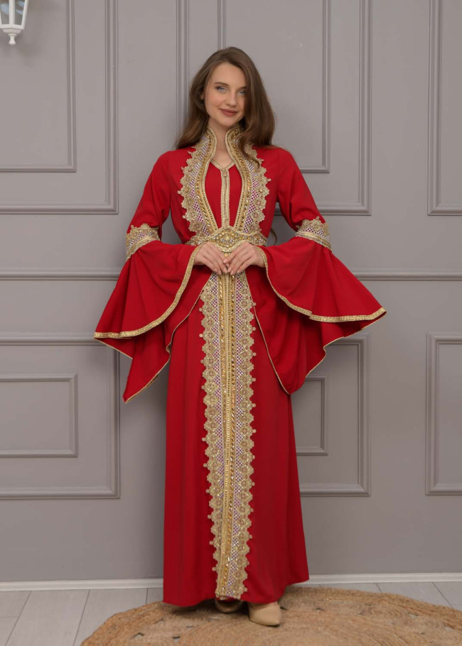 Altın işlemli  kaftan Abiye Elbise 4117 - Bordo
