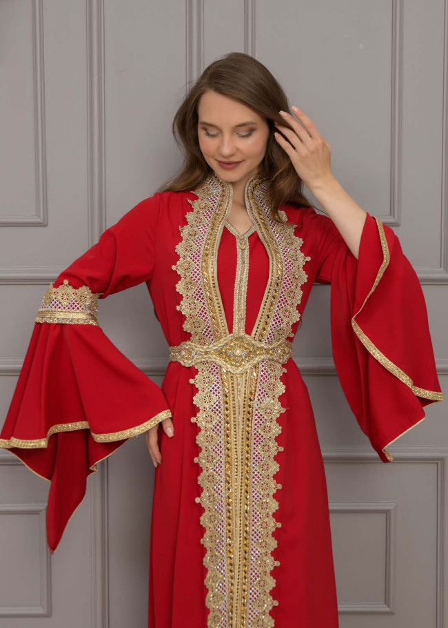 Altın işlemli  kaftan Abiye Elbise 4117 - Bordo