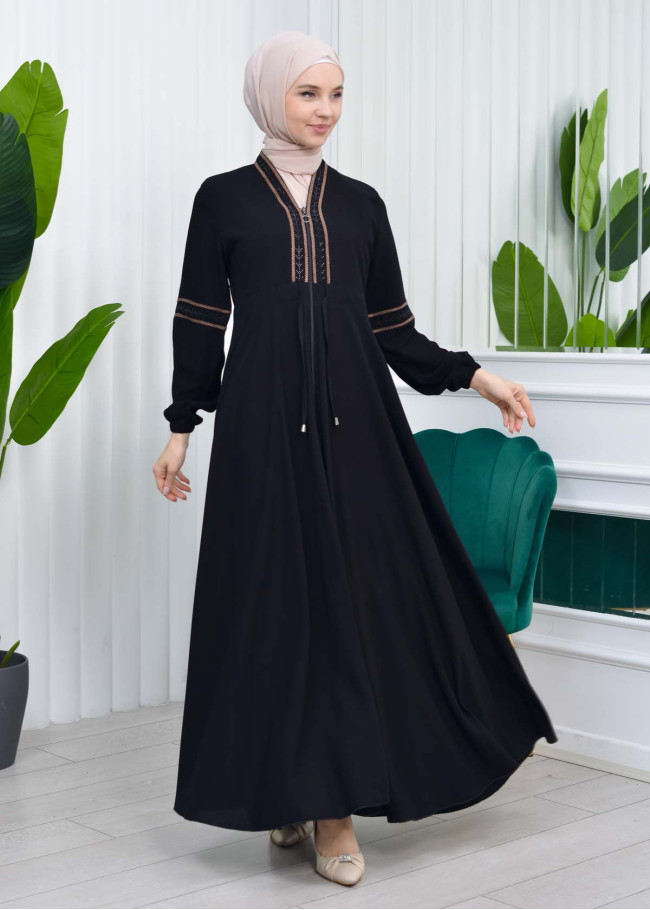 Waist Tunnel Zippered Embroidered Black Hijab Abaya 635 açık kahve