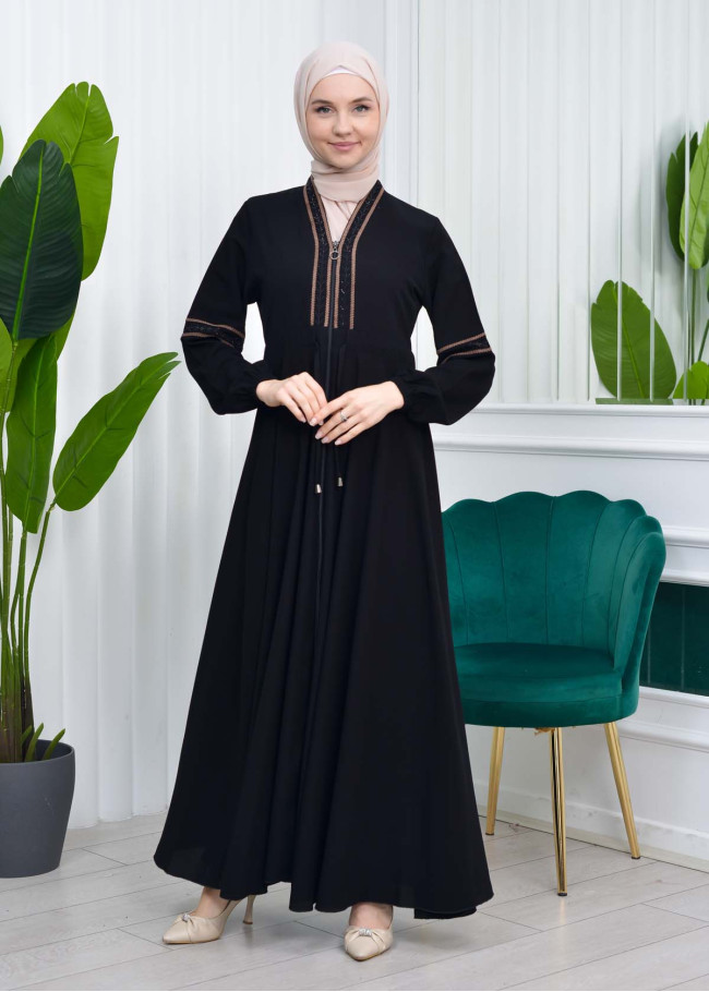 Waist Tunnel Zippered Embroidered Black Hijab Abaya 635 açık kahve