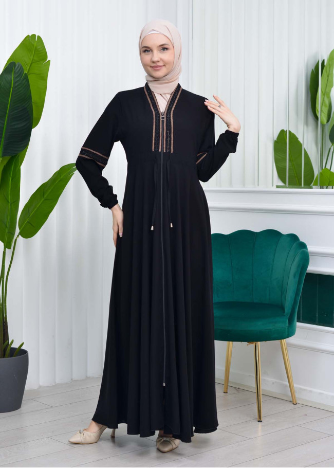 Waist Tunnel Zippered Embroidered Black Hijab Abaya 635 açık kahve