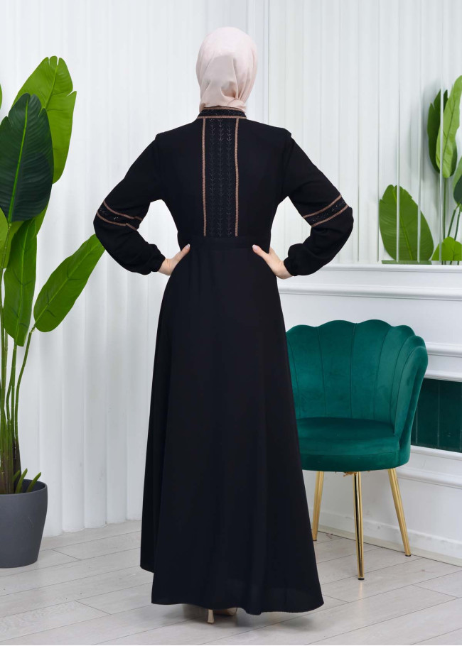 Waist Tunnel Zippered Embroidered Black Hijab Abaya 635 açık kahve