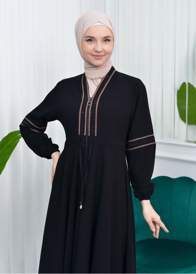 Waist Tunnel Zippered Embroidered Black Hijab Abaya 635 açık kahve