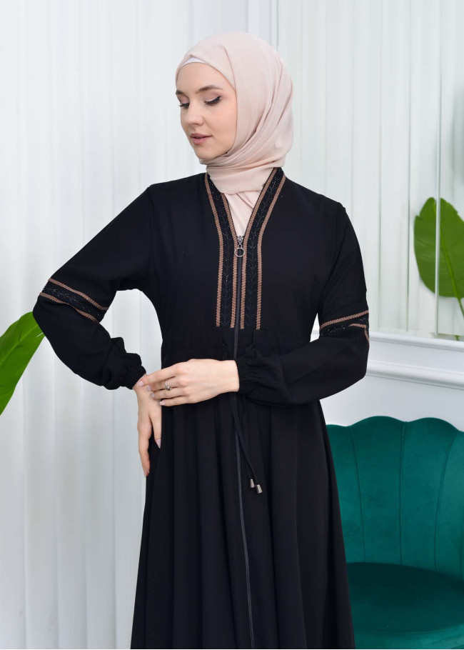 Waist Tunnel Zippered Embroidered Black Hijab Abaya 635 açık kahve